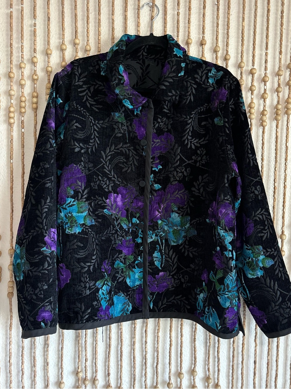 Vintage Floral Brocade Carpet Black Teal Purple Button Down Boho Whimsy Goth
